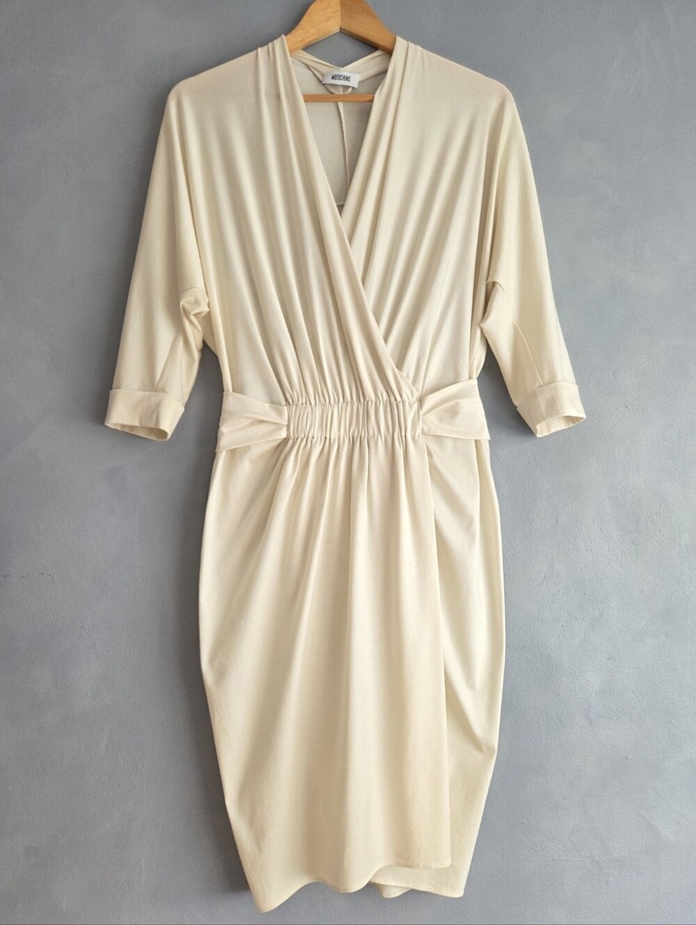 MOSCHINO NWOT VTG COTTON MIX FAUX WRAP BELTED DRAPED CREAM DRESS SIZE 8
